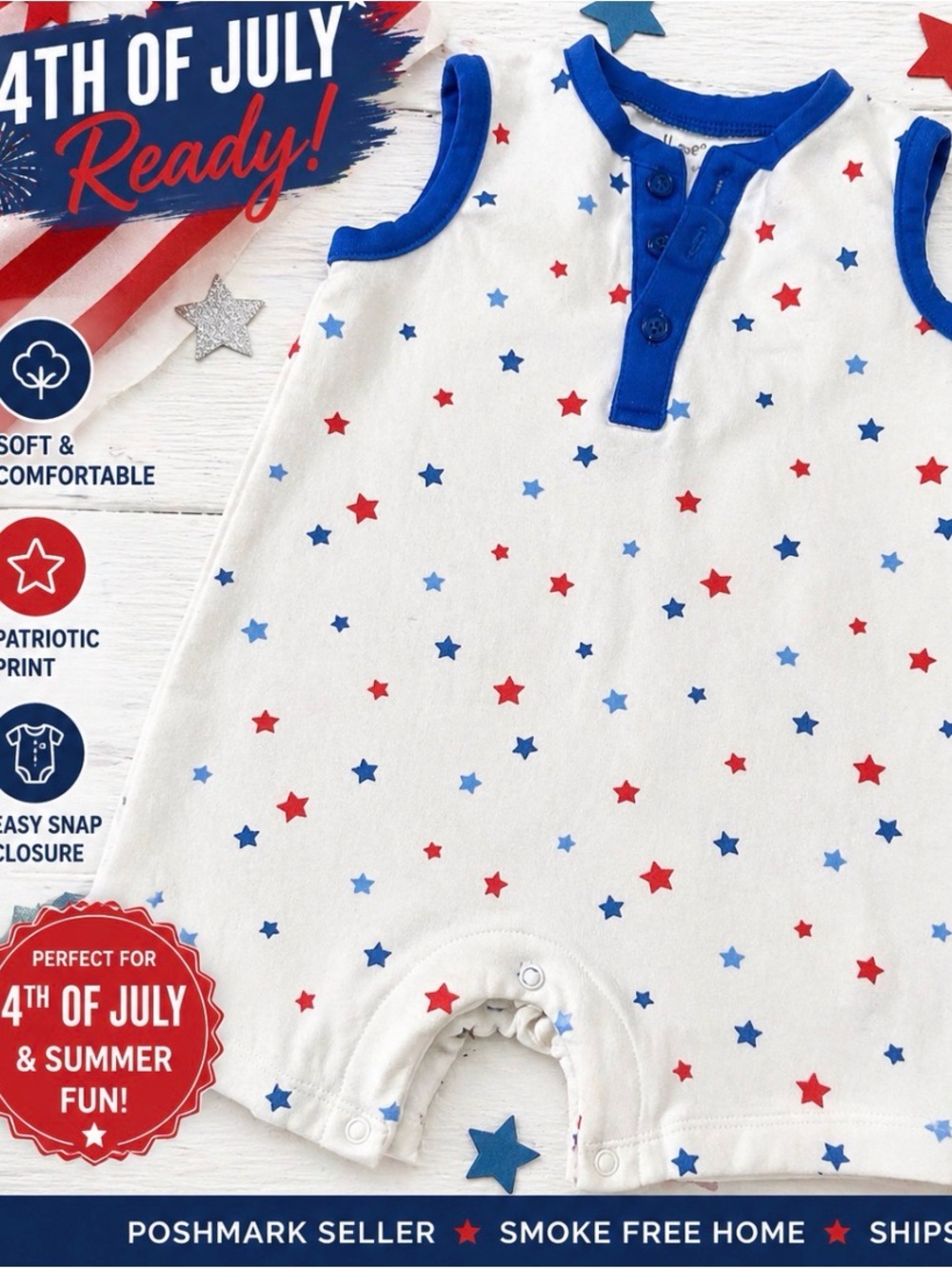 4th of July Baby Romper - White with Red & Blue Stars